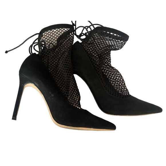 Zara Basic Women's Suede Pointed Toe Fishnet Sock Stiletto Pumps‎ Black Size 37 - Picture 5 of 10